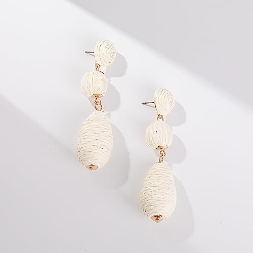 Boho Raffia Earrings Statement Dangle Earrings Cute Teardrop Ball Earrings Colorful Summer Jewelry Handmade Rattan Earrings for Women - color: White