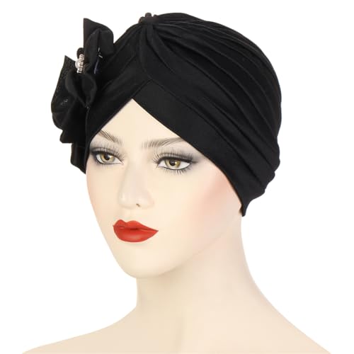 Flower Turban Hats for Women - Ruffle Bead Stretch Solid Caps Chemo Cancer Pre Tied Headscarf Headwear - color: Black