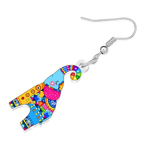 BONSNY Colorful Acrylic Elephant Dangle Earrings Bohemian Tribal Floral Design Boho Jewelry Gifts for Women Funny Novelty Hypoallergenic Spring Summer Gifts Accessories - color: Muiti