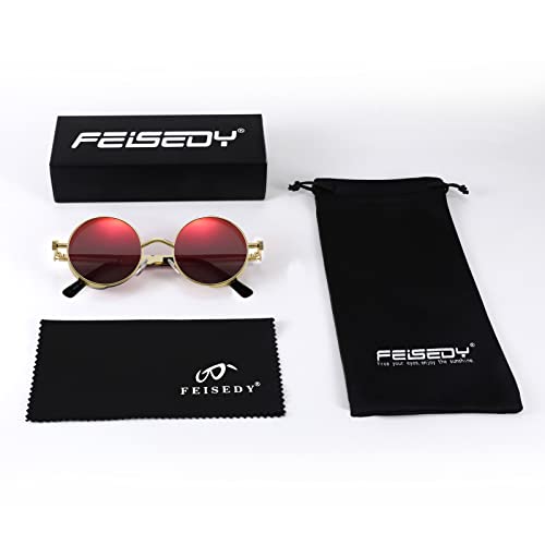 FEISEDY Retro Gothic Steampunk Sunglasses Round Metal Frame Punk Circle Inspired Shade Men B1857 - color: Gold/Red Mirrored