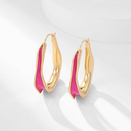 Chunky Hoop Earrings for Women Thick Minimalist Geometric Huggie Hoop Earrings Dainty Thick Y2K Preppy Earrings - style: irregular wave hot pink