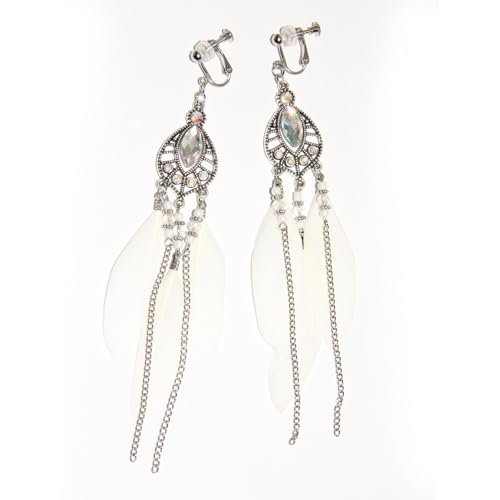 Clip on Tassel Dangle Earrings for Boho Women, Non Pierced, Colorful Feather Handmade Beads Fashion Vintage Fringe Jewelry for Parties Weddings Festivals Trendy Statement Earrings for Bohemian - color: White A