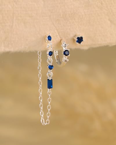 3 Pairs Small Earring Stacks, 14K Gold/Silver/Black/Rose Gold Plated Pearl Heart Butterfly Star Diamond Charm Drop Huggie Earrings Trendy Jewelry Gift for Women - color: Silver-Blue Chain