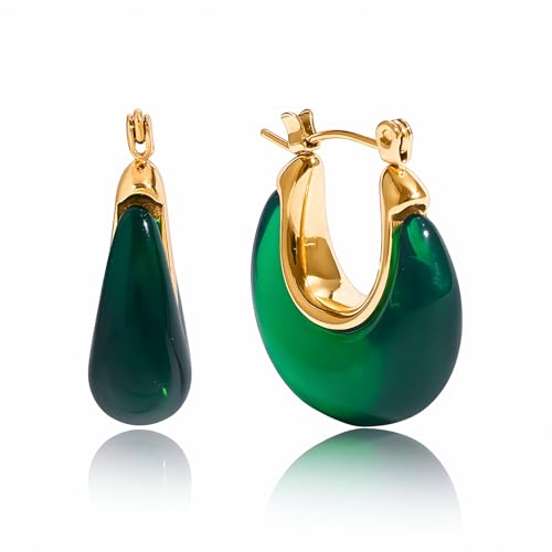 Fullpop Vintage Earrings for Women, Chunky 14K Gold Plated Resin Hoop Earrings Lightweight Hollow Drop Earrings Hypoallergenic Earrings for Women Vintage Anthropologie Jewelry Gifts for Women - size: U Shape-Green
