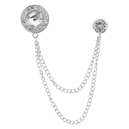 PATIKIL Gem Chain Brooch Pins, Hanging Chain Brooch Suit Pin Tassel Chain Round Crystal Badge Lapel Collar Pins for Men Shirts - color: Silver Tone(White)