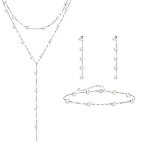 HAXIYA Lariat Gold Necklace for Women Dainty Long Necklace 14K Gold Plated/Silver Y-Shaped Pendant Drop Chain Layered Pearl/Beaded/CZ Necklaces Gold Jewelry Gift for Prom/Wedding - style: Pearl Set - Silver