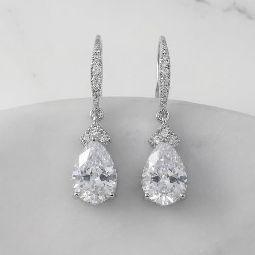 SWEETV Cubic Zirconia Dangle Earrings for Women, Teardrop Bridal Earrings for Wedding, Brides, Bridesmaids, Pear Shaped Drop Earrings for Women Prom Formal Party, Silver - color: Silver-Style3