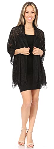Sakkas Mari Women's Large Lightweight Soft Lace Scarf Wrap Shawl Floral and Fringe - color: Style8-black