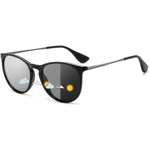 SUNGAIT Premium Vintage Round Sunglasses for Women Men Classic Retro Trendy Style - color: 17 Black Frame (Matte Finish)/Photochromic Lens