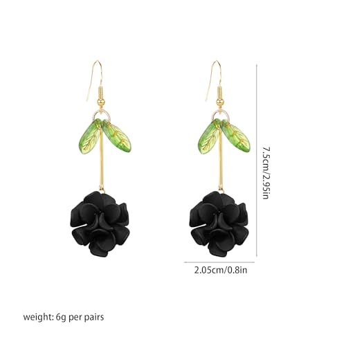 Resin Flower Cluster Ball Dangle Drop Earrings for Women Spring Summer Bohemian Floral Petal with Green Leaf Earrings Vacation Party Jewelry - color: Black