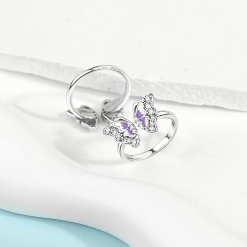 PARCOM Adjustable Women Stackable Ring, 925 Sterling Silver Open Rings - Trendy Eternity Cubic Zirconia Stackable Band Engagement Promise Ring for Her, Hypoallergenic Non Tarnish Nature Bird Floral Thumb Rings - color: Gradient Butterfly