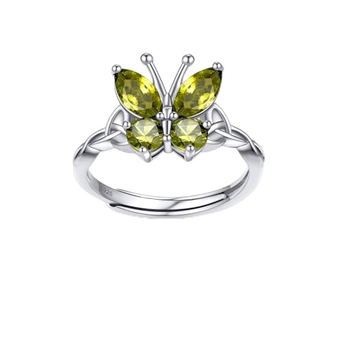 Bestyle 925 Sterling Silver Butterfly Ring Hypoallergnic Adjustable Birthstone Rings for Women Butterfly Jewelry Gifts for Anniversary Mothers' Day Birthday - color: 08.August (Peridot)-Ring