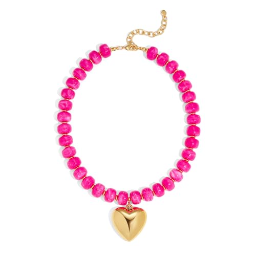WOWORAMA Chunky Heart Necklaces for Women Colorful Resin Beaded Choker Necklace Gold Puffy Heart Statement Necklace Trendy Acrylic Choker Jewelry - color: Rose-Red