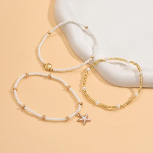 INENIMARTJ Shell Anklet Bracelet for Women Gold and White Beaded Elastic Stack Ankle Bracelet Hawaiian Beach Seashell Starfish Anklet Puka Shell Starfish Foot Jewelry for Women Beach Accessories - style: style A