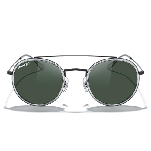 MERRY'S Retro Round Polarized Sunglasses - Unisex Double Bridge Sun Glasses - color: Tra Gray Frame/Black Bridge/G15 Lens