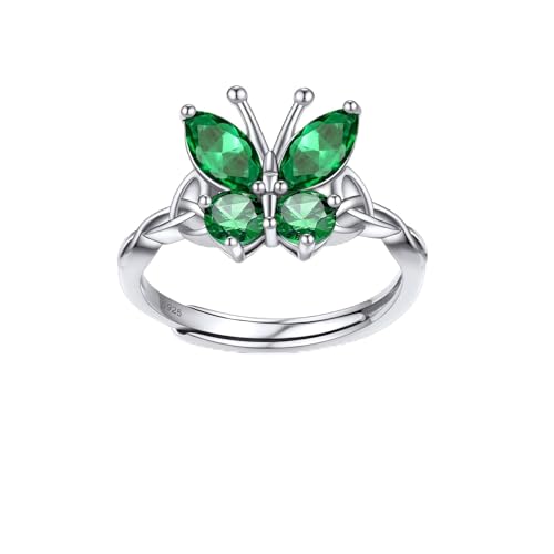 Bestyle 925 Sterling Silver Butterfly Ring Hypoallergnic Adjustable Birthstone Rings for Women Butterfly Jewelry Gifts for Anniversary Mothers' Day Birthday - color: 05.May(Emerald)-TOP