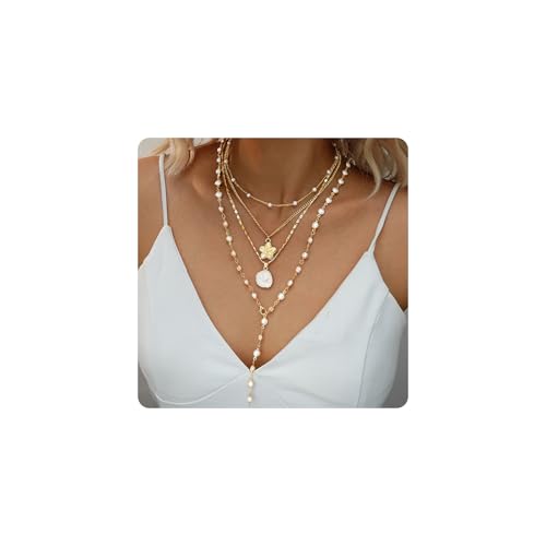 Layered Gold Flower Shell Pearl Necklaces for Women Long Pearl Y-Shaped Necklace Trendy Gold Flower Shell Pendant Necklace Dainty Pearls Choker Summer Jewelry Accessories Gift - color: A1：gold