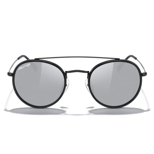 MERRY'S Retro Round Polarized Sunglasses - Unisex Double Bridge Sun Glasses - color: Matte Black Frame/Matte Black Bridge/Silver Mirror Lens
