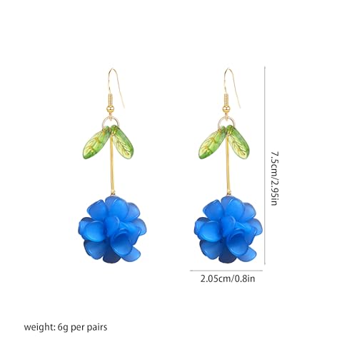 Resin Flower Cluster Ball Dangle Drop Earrings for Women Spring Summer Bohemian Floral Petal with Green Leaf Earrings Vacation Party Jewelry - color: Royal Blue