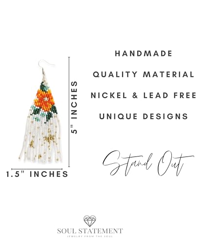 Long Beaded Earrings for Women, Statement Tassel Dangling Earrings, Native American Jewelry Boho Country Colorful Flower Moon Bead Gifts - style: Orange Blossom