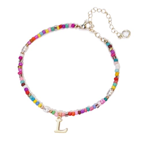 Ankle Bracelets for Women - Cute Pearl Beads Anklets for Women Waterproof Gold, Initial Colorful Boho Beaded Non Tarnish Foot Chain Anklet | Summer Colorful Jewelry Gift - style: L