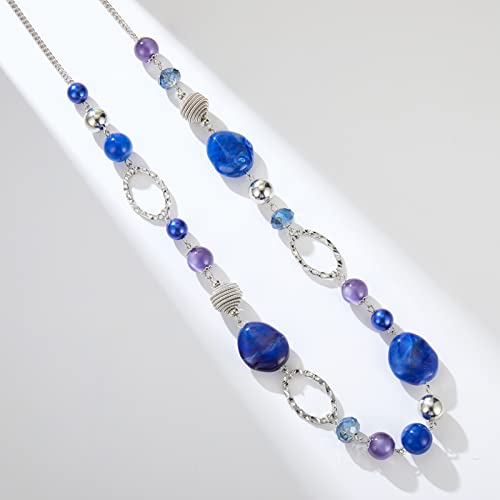BULINLIN Beaded Long Necklace for Women Silver Sweater Chain Necklace with Crystal Resin Beads, Fashion Jewelry Necklace - color: Sapphire