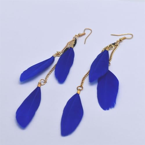 coadipress Boho Piercing Tassel Feather Long Chain Earrings Retro Lightweight Native Feather Dangle Drop Earrings for Women Bohemian Handmade Natural Feathers Earring Jewelry - color: Gem Blue
