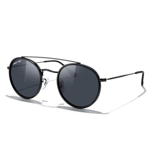 MERRY'S Retro Round Polarized Sunglasses - Unisex Double Bridge Sun Glasses - color: Matte Black Frame/Matte Black Bridge/Black Lens
