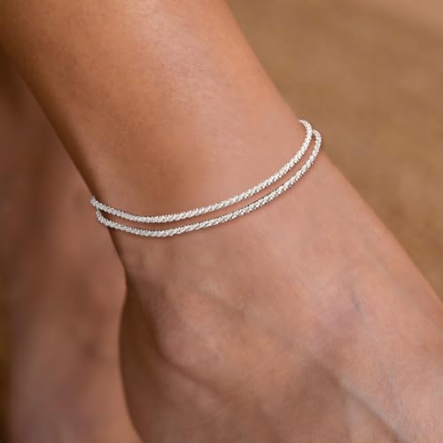 MIDEEO Gold/Silver Ankle Bracelets for Women,14K Gold Anklets for Women Waterproof Cuban Link Heart Beads Herringbone Rhinestone Anklets Set Layered Anklet Bracelets for Women Gold Jewelry Gift - style: 2 Layers Anklet E-Sliver