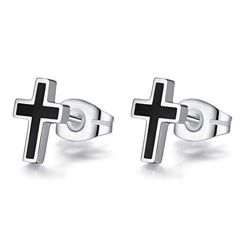 REVEMCN 925 Sterling Silver and Stainless Steel Cross Stud Earrings for Women Men, 3 Pairs - color: Black Stud Earrings