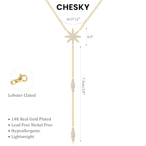CHESKY Long Necklaces for Women, 14k Gold Plated/Streling Silver Lariat Necklace Dainty Statement Prom Necklace Rosary Cross Sun Drop Pendant Dangle Necklace Gold Prom Jewelry for Women Gifts - style: y necklace 07
