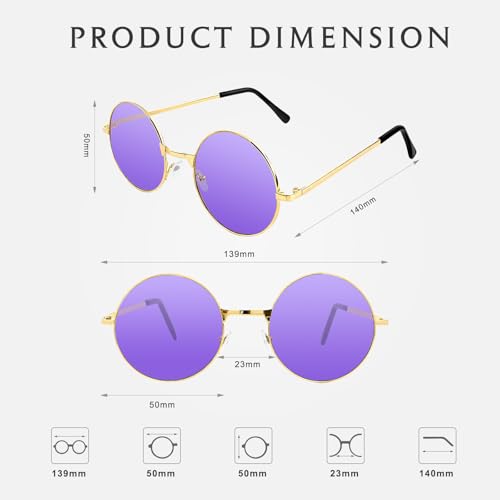 NACHLYNN Round Hippie Sunglasses Metal Border Circle Hippie Glasses UV380 Protection 70s Sunglasses for Men Women Party Favor - color: Purple