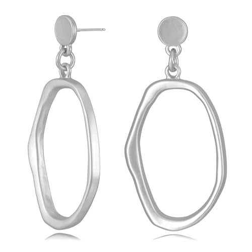 Stud Earrings for Women 14k Gold Plated Geometric Dangle Earrings Lightweight Minimalist Handmade Hammered Texture Oval Disc Drop Double-layer Big Hoop Dangle Earrings for Women - color: Hoop Dangle Silver