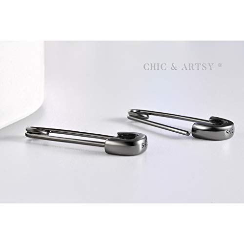 CHIC & ARTSY 925 Sterling Silver Safety Pin Earrings - Lightweight Comfortable Punk Paperclip Cartilage Hoop Earrings, Trendy Industrial Style Jewellery for Women and Men - color: Black-Small