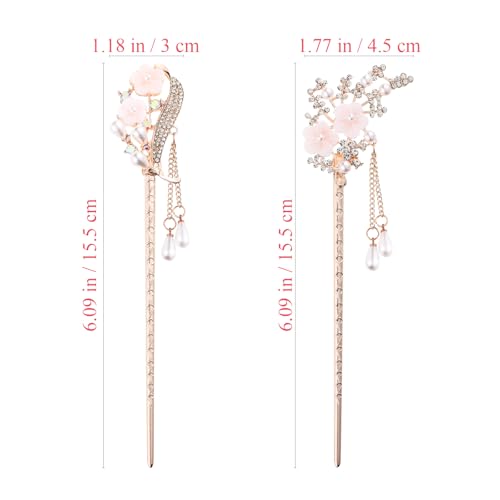 2 Pcs Rhinestone Pearl Flower Hair Stick Chinese Hair Chopsticks Vintage Tassel Hair Pin Chignon Pin Hair Styling Making Accessories for Women