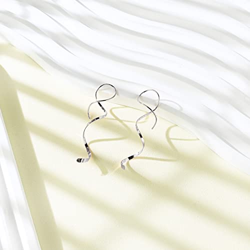 Handmade Spiral Threader Earrings Sterling Silver Hypoallergenic Twisted Pull Through Drop Dangle Earrings for Women - Silver & Gold - color: Long Silver