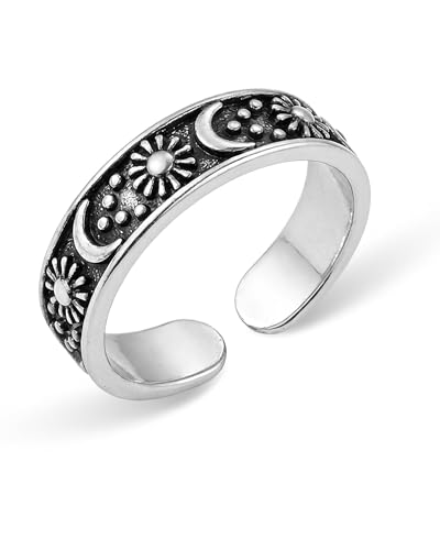 Vintage Bronze Sun and Moon Open Ring with Carving Design for Women Unique Boho Adjustable Ring for Gift - color: Silver