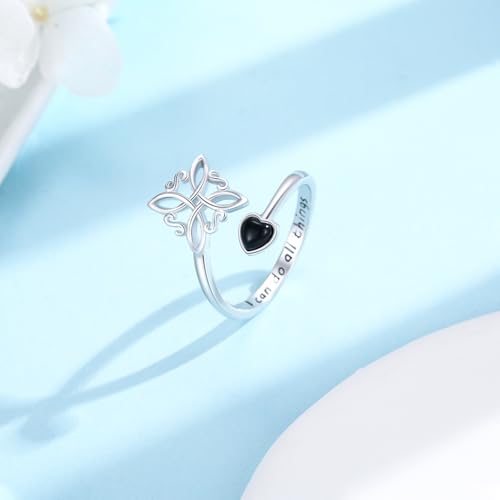 Witches Knot Ring 925 Sterling Silver Adjustable Black Onyx/Turquoise Gravel/Moss Agate/Turquoise/Moonstone Witch Ring Celtic Knot Amulet Wiccan Pagan Protection Jewelry Gifts for Women - style: Black Onyx