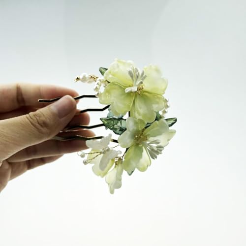 Handmade Floral Hair Pins, Yellow Jade Flower with Pearl Accents, Traditional Chinese Wedding Hair Accessories