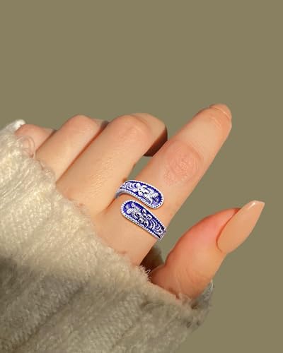 Vintage 14K Gold Plated and Silver Spoon Ring – Adjustable Ring with Carving Design for Women, Unique Boho Open Ring for Gift - color: Silver & Blue