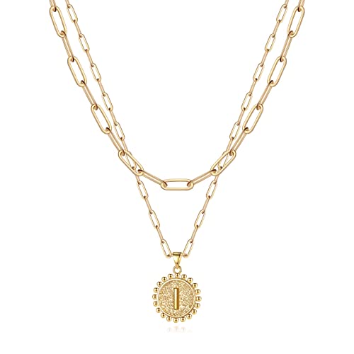 Yoosteel Layered Initial Necklaces for Women Trendy - 14K Gold-Plated Dainty Layering Paperclip Chain Coin Initial Necklace Jewelry Gifts for Women Mom Wife Teen Girls - color: Gold, style: I