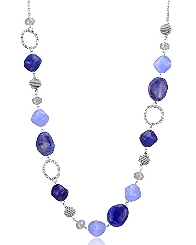 BULINLIN Beaded Long Necklace for Women Silver Sweater Chain Necklace with Crystal Resin Beads, Fashion Jewelry Necklace - color: 53-Dark light blue