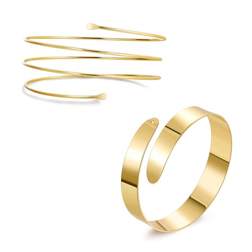 2Pcs Gold Arm Cuff for Women Adjustable Arm Cuff Bracelet Minimalist Open Coil Upper Arm Band Cuff Bangle Set - style: Gold D