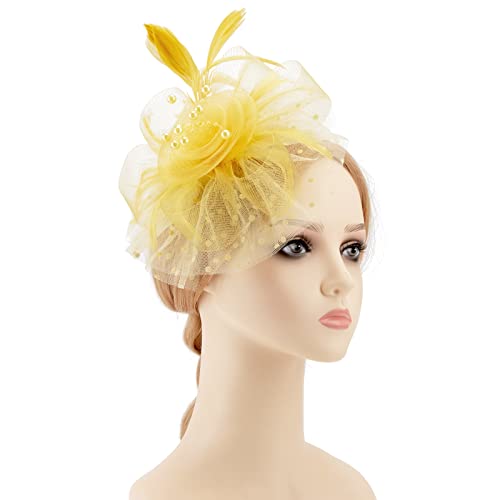 DRESHOW Fascinators Hat Flower Mesh Ribbons Feathers on a Headband and a Clip Tea Party Headwear for Girls and Women - color: 7" Diameter / Ginger