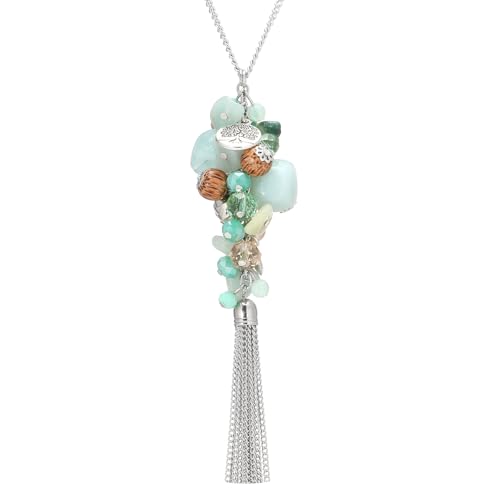 Noessla Boho Long Pendant Necklaces for Women Silver Tassel Long Necklace Sweater Chain Mothers Day Gifts Silver Costume Jewelry for Women - color: Amazon Green