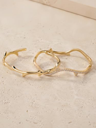 Gold Cuff Bracelets for Women, 14K Gold Plated Open Cuff Bangle Bracelet with CZ Pave, Minimalist Stackable Chunky Gold Bracelet for Women - color: Gold CZ Clasp 2-Piece