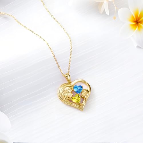 Mothers Day Gifts 14K Yellow Gold Mother Daughter Heart Pendant Necklace with 12 Months Birthstone Birthday Gifts for Mom Anniversarry Jewelry for Mom Wife Girlfriend - color: 11-12-Nov-Dec Birthstone