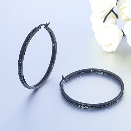 CiNily Mult-colors Crystal Stainless Steel Hoop Earring for Women Hypoallergenic Jewelry for Sensitive Ears Large Big Hoop Earrings 2" - color: All Black