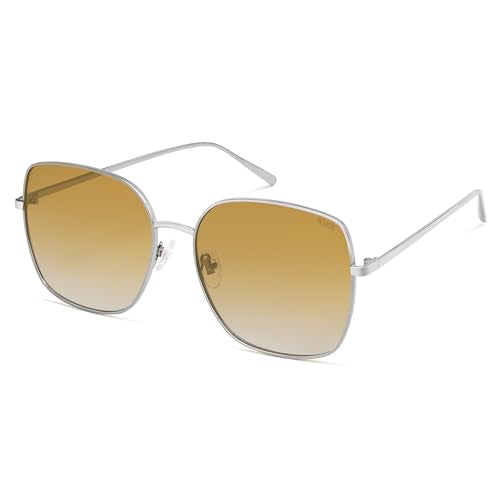 SOJOS Trendy Oversized Square Metal Frame Sunglasses for Women Men Retro Big Flat Lens UV Protection Sunglasses SJ1146 - color: Light Gun/Gradient Yellowish-brown