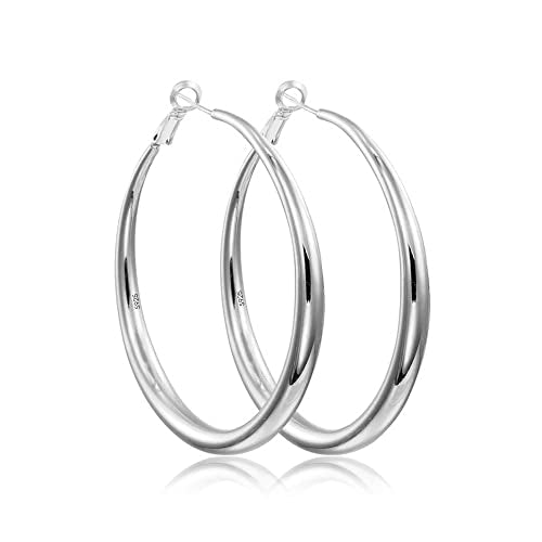 EXGOX Sterling Silver Hoop Earrings - Hypoallergenic, Lightweight, Chunky, 14K Real Gold Plated, Big Large Hoops for Women - color: Chunky&Silver 50mm